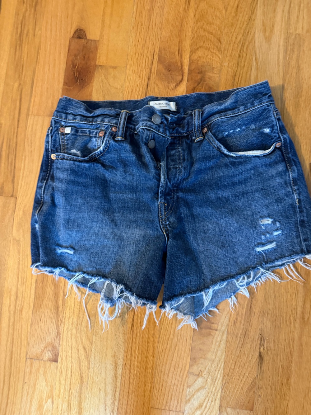 American Eagle Outfitters Dark Blue Distressed Denim Ankle Shorts